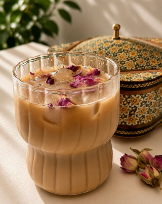 Floral rose iced coffee topped with dried rose petals and ice, served in a glass with organic Damask rose buds beside it.