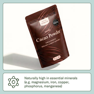 A stand-up pouch of Organic Cacao Powder shown at an angle on a white background, with a text panel below stating it is naturally high in essential minerals.