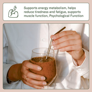 A person in a white shirt holds a glass of brown liquid with a metal straw, with a text banner at the top describing health benefits such as energy metabolism and muscle function.