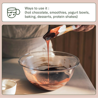A glass mixing bowl on a countertop with chocolate being drizzled from a spatula into the bowl. A hand is visible holding the spatula, and a text panel at the top explains use cases such as hot chocolate, smoothies, yogurt bowls, baking, desserts, and protein shakes.