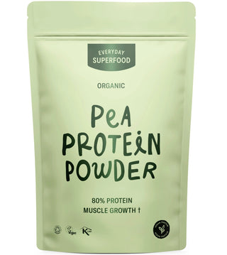 A light green stand-up pouch of Everyday Superfood Organic Pea Protein Powder, featuring dark green text on a clean white background.