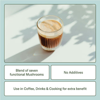 Everyday superfood Organic seven mushroom blend in a coffee cup, no additives, use in coffee, drinks and cooking for extra benefits. 